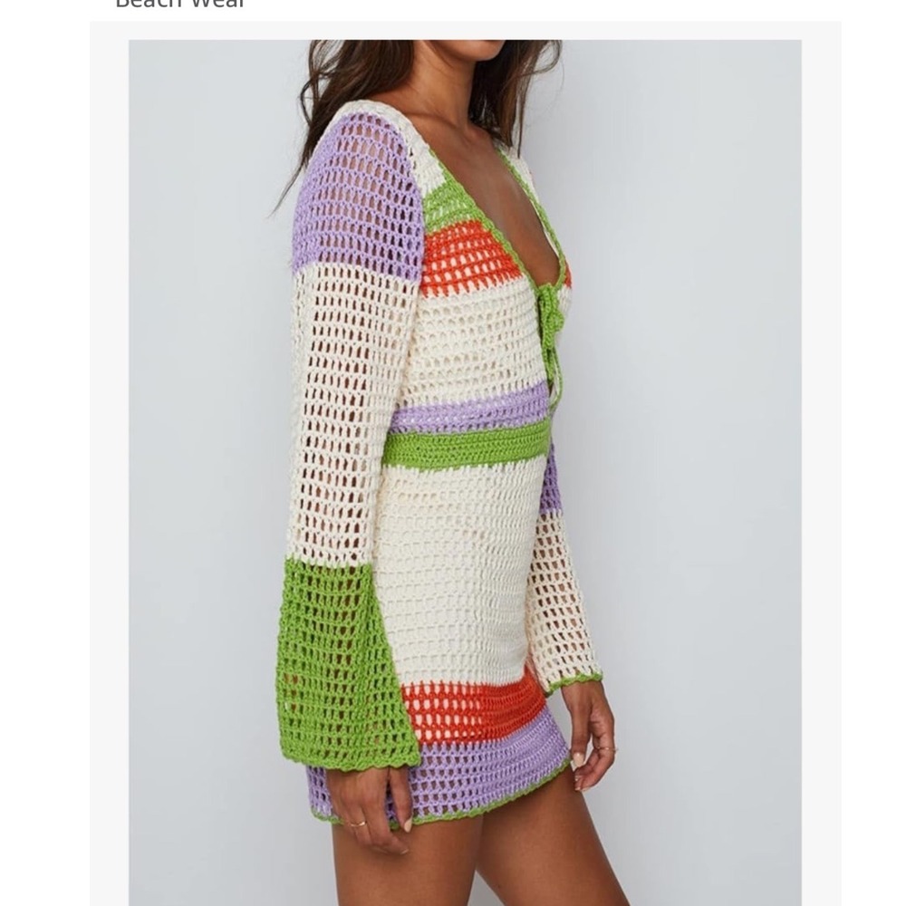 Women‎ XL Crochet Knit Mini Dress Striped Bell Sleeve Beach Coverup Vacation